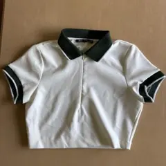 ZARA クロップド襟付きトップス グリーン×ホワイト