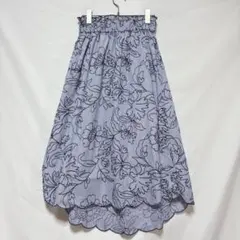 Factor= ストライプ 花柄刺繍 フレアスカート ウエストゴム スカラップ