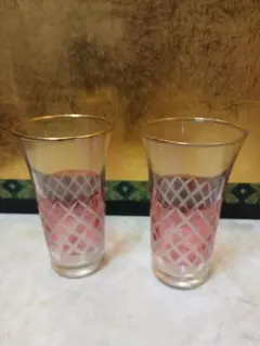 クリア・ピンク格子模様グラス2個セット