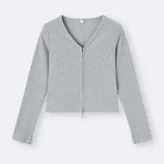 GU リブダブルジップVネックカーディガン Sサイズ グレー