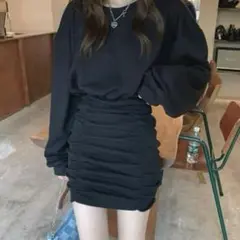 ギャザー ブラック タイトミニワンピース