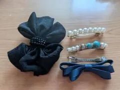 ヘアバレッタまとめ売り4点セット 黒リボン、とパール等