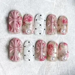 現品☆ネイルチップ ショート 薔薇 リボン フレンチ ガーリー 赤 結婚
