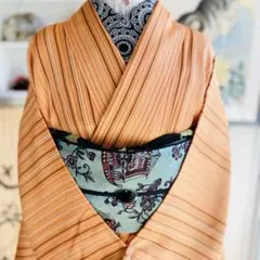 【オレンジが爽やか！綸子 正絹 縞模様 小紋】