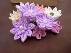 和装髪飾り　つまみ細工　薄紫　花モチーフ　髪飾り　木箱入り　成人式　卒業式
