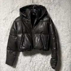 ZARA ショート丈 ダウン フェイクレザー ジャケット　XS ダークブラウン