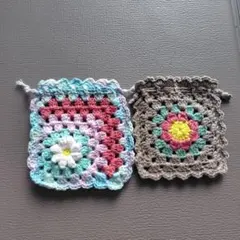 お花モチーフ　ミニ巾着　#かぎ針編み　#ハンドメイド