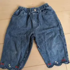 さくらんぼ刺繍デニム長ズボン