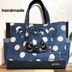 939.サイドポケット　デニムリメイク　トートバッグ　パンダ　水玉