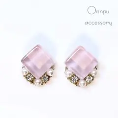 No.136 ガラスタイルとパールのビジューピアス＆イヤリング ピンク