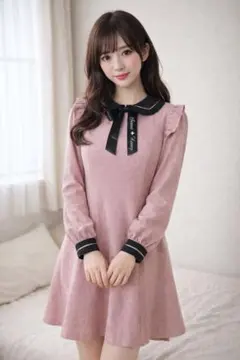 シークレットハニー　フリル襟リボン付きピンクワンピース