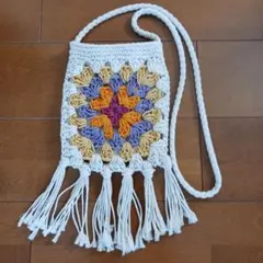 鍵編み風 コットン製 フリンジショルダーバッグ