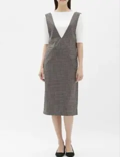 ☆GU／チェック柄 Vネック ジャンスカ／Sサイズ／グレー