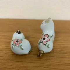 ★◎猫　ネコ　花柄　陶器　２匹セット