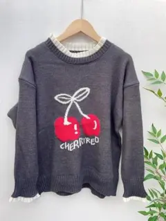 チェリー刺繍 グレー ニットセーター Lサイズ