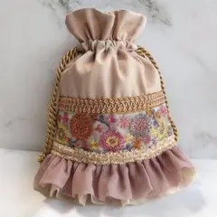 インド刺繍リボン　巾着　ドレス巾着　ダスティピンク　11-1