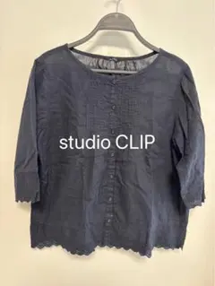 studioCLIP 七分袖 ネイビーシャツ 裾レース風 Lサイズ