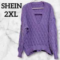 SHEIN 【2XL】パープル Vリブ切替クルーネックケーブル編みセーター