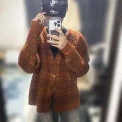 perushuオレンジ チェック柄 ニットカーディガン