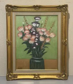 油絵 菅家令子絵 絵画インテリア額付(青緑＋金色の枠)uF6-060603花瓶壺 油絵 菅家令子絵 絵画インテリア額付(青緑＋金色の枠)uF6-060603花瓶壺