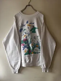 o*。様 No.6045 花柄 ハチドリ スウェット 白 アート 古着