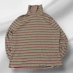 ナチュラル ボーダー タートルネック カットソー 長袖 綿100% シンプル