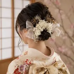 ドライフラワー髪飾り　ヘッドパーツ　前撮り　成人式　結婚式　ホワイトゴールド