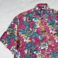 美品 COTTONADE シルク100% 半袖 柄シャツ 派手柄 ボタニカル M
