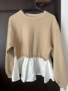 値下げZARA ベージュ クルーネック 長袖カットソー フリル付き