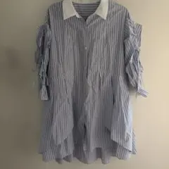 dazzlin 青と白のストライプ オフショルダーシャツ風ワンピース