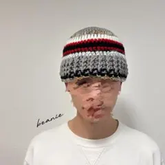ボーダー ビーニー　ニット帽　手編み　一点もの