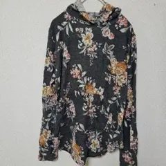 ヴィンテージ風 花柄 フード付き薄手パーカー プルオーバー チャコール