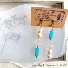 ハンドメイド＊淡水パールとスクエアターコイズのアシメイヤリング＊ピアス変更可