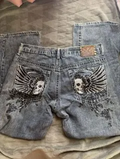Kanji デニムパンツ スカル刺繍　y2kのサムネイル