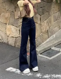 ハイウエストフレアデニムパンツ　fo2243 インディゴ　xs