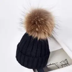 新品　18cm ビッグポンポン　ラクーンファーニット帽　ブラック