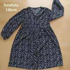 【130cm】futafuta 花柄 Vネック 七分袖 ワンピース 黒のサムネイル