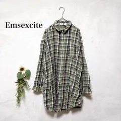 Emsexcite　コットンシャツ　チュニック　チェック柄　ポケット付　緑系　Mのサムネイル