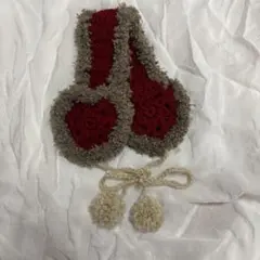 ハンドメイド イヤーマフ 耳当て 編み物 ハート 赤　白　ブラウン　かぎ編み