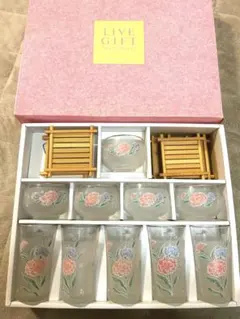 【新品未使用】KAMEIGLASS 花柄ガラス グラス5・湯呑み5セット