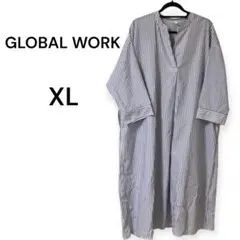 美品⭐︎GLOBAL WORK スキッパーシャツワンピース　ブルーストライプ　XL