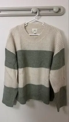 H&M アイボリー・グリーン ストライプ セーター L
