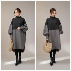バイカラーワンピース　フリーサイズ　　モノトーン　ぽわん袖ハイネック　959