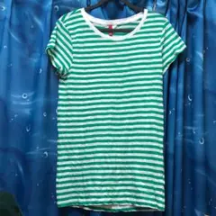 未使用 H&M 緑と白のストライプ 半袖Tシャツ 34