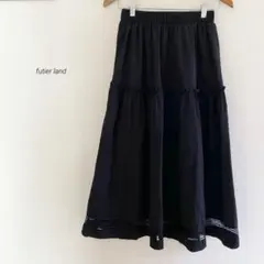 futier land フリル裾レース切替フレアスカートブラック