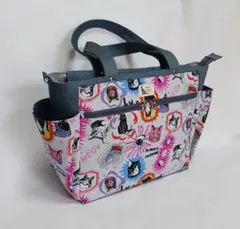 【ファスナー開閉】10ポケトートバッグ(L)ライトグレー×スモークブルー　ネコ