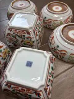 【未使用】有田焼 間取り花鳥角小鉢&錦花鳥取り鉢色和食器6枚セット