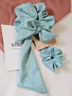 朝霧の湖 - アクアブルーのモダンリボンシュシュ 親子 2個セット　単品OK