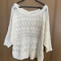 アイボリー レース編み 五分袖ニット M