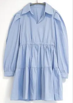 SHEIN DAZY 無地柄パフスリーブフリル裾シャツワンピース